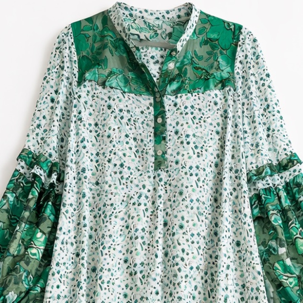 R Vivimos Green Floral Boho Maxi Dress Size L 12/14 Long Sleeve Side Slit - Picture 4 of 5